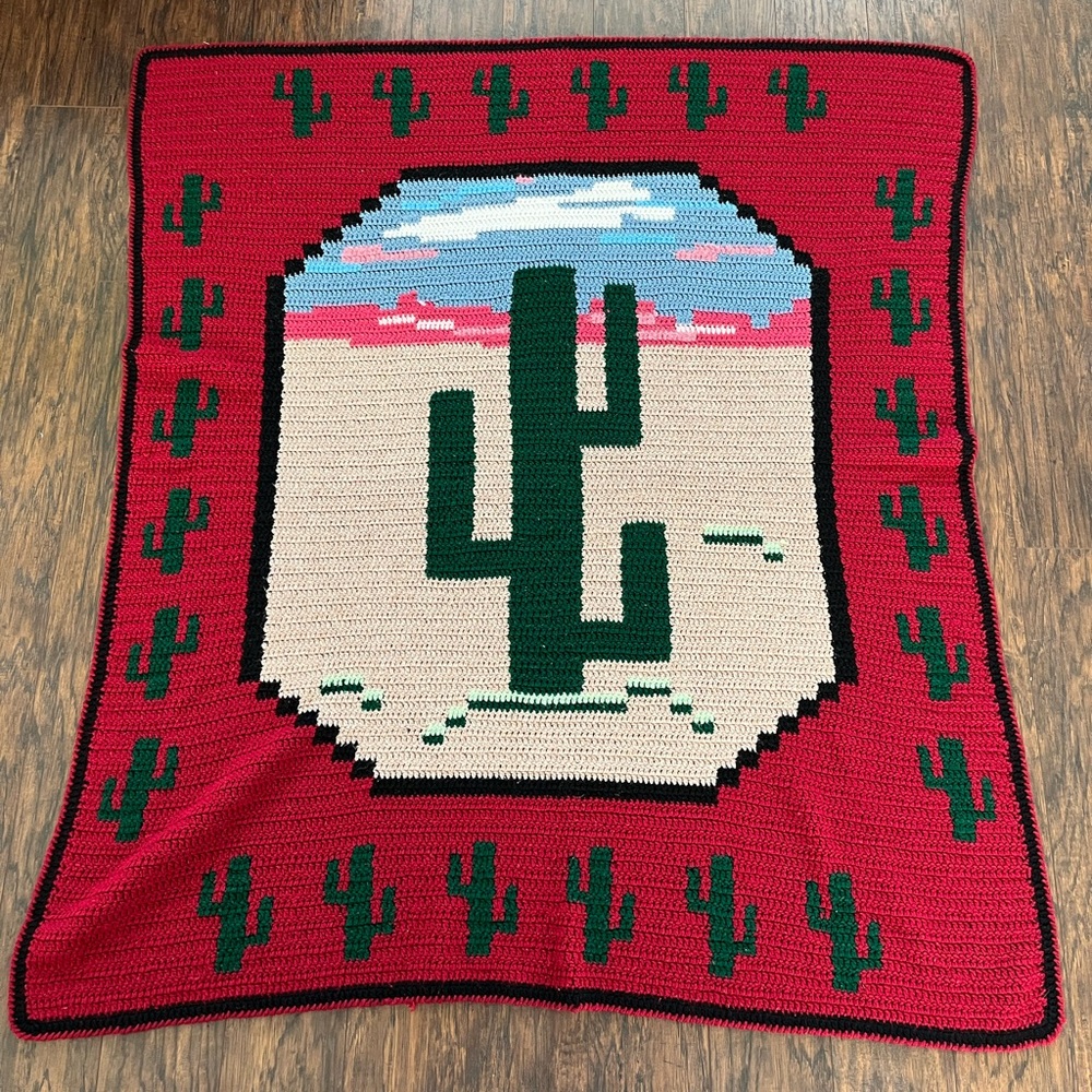 Handmade Knit Crochet Desert Southwestern Cactus Throw Blanket 54”x49”